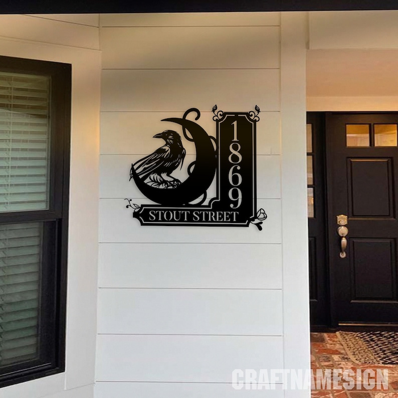 Personalized Raven On the Moon House Number Metal Wall Art LED Light, Outdoor Address Number Sign, House Number Hanging Address Plaque