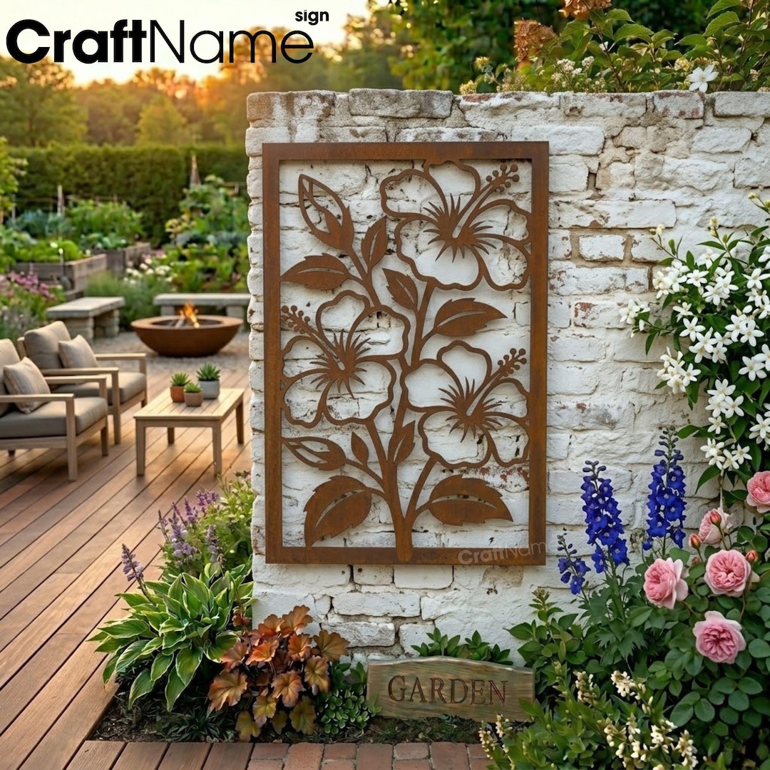 Metal Panel Crocus Hibiscus Flower Branch Metal Wall Panel, Steel Garden Art, Weathering ...
