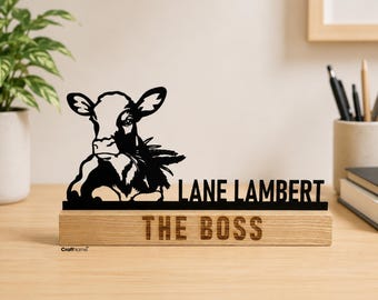 Custom Wooden Desk Name Plate with Cow Design, New Job Gift, Table Office Decor