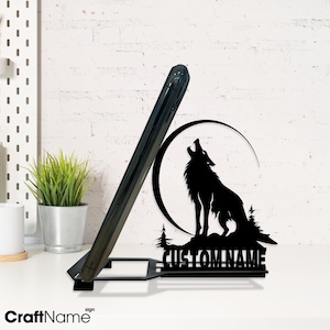 Custom Wolf Moon Metal Stand for Phone and Tablet, Wolf Lover Name Cell Phone Desk Holder, Unique Office Table Decor, Christmas Gifts