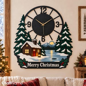 Cabin Wall Clock, Merry Christmas Metal Clock with Snowy Lake and Pine Trees, Winter Wall Decor