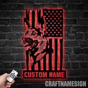 Custom German Shepherd US Flag Metal Wall Art LED Light - Personalized Dog Lover Name Sign Home Decor - Perfect for Gift and Home Decor