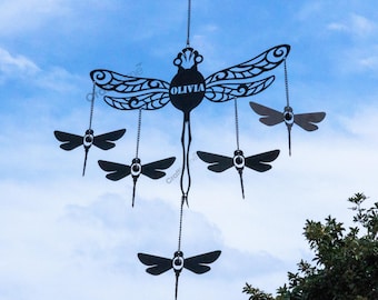 Dragonfly Wind Chime with Bells, Custom Name Metal Dragonfly Garden Decor, Vintage Garden Hanger Outdoor Decoration, Gardening Mom Gifts