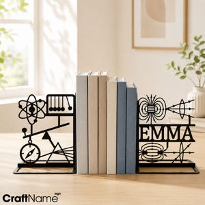 Sujetalibros metálicos con forma de átomo de física, tope de libros personalizado para experimentos científicos, decoración para oficina con temática geek.