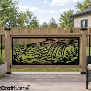 Upstream Salmon Waterfall Metal Fence Panel, Mountain River Outdoor Railing Insert