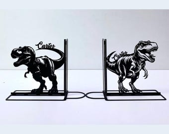 Sujetalibros de metal con forma de dinosaurio personalizado para decoración de libros, sujetalibros con nombre para amantes de los dinosaurios, soporte para libros de metal negro, decoración de oficina con rincón de libros