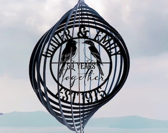Personalized 50th Wedding Anniversary Love Birds Metal Wind Spinner, Metal Steel Hanging Sign, Modern Wind Spinner Outdoor Garden Decor