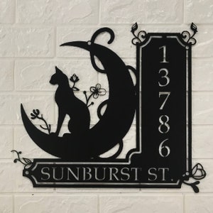 Personalisierte schwarze Katze auf der Mond Hausnummer Metall Wand Kunst LED-Licht, Outdoor Adresse Nummer Zeichen, Adressnummer Zeichen, Katzenliebhaber Geschenk
