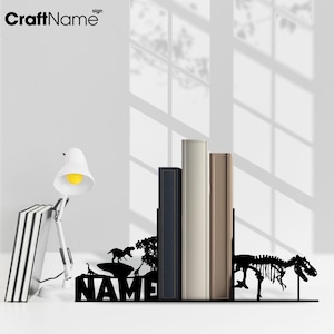 Custom Dinosaur Metal Bookends, Personalized Dinosaur Lover Name Book End, Book Stand Black Metal Art, Book Nook Office Decor for Book Lover