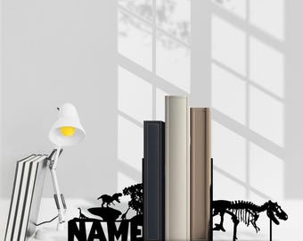Sujetalibros de metal con diseño de dinosaurio personalizado, con nombre personalizado para amantes de los dinosaurios, soporte para libros de metal negro, decoración de oficina para amantes de los libros.