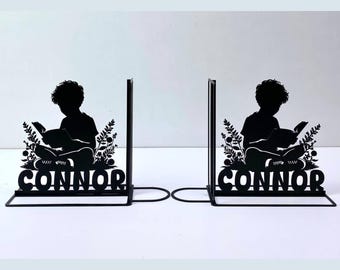Custom Boy Read Book Metal Office Bookend Decor, Custom Bookish Book Ends, Book Stand Black Metal Art, Book Nook Office Decor for Book Lover