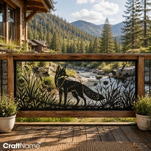 Fox in Flower Meadow Railing Panel, Forest Mountain Metal Deck Insert, Woodland Wildlife Wall Art