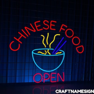 May include: Neon sign with the words "Chinese Food" in red, a blue bowl with yellow noodles and chopsticks, and the word "Open" in red.