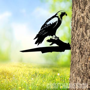 Custom Bald Eagle On Branch Metal Tree Stake, Eagle Bird Garden Sculpture Metal Tree Art, Laser Cut Metal Garden Decor, Eagle Tree Decor
