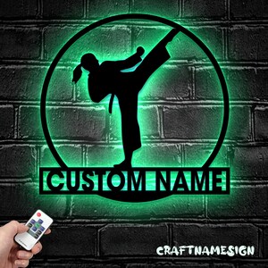 Custom Girl Taekwondo Martial Arts Metal Wall Art with LED Light - Personalized Kid Tae Kwon Do Name Sign Home Taekwon-Do Korean Decoration