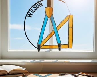 Personalized Architect Stained Glass Hanging Sign, Custom Geometry Tool Suncatcher for Office Window or Home Decor, Gift for Engineers