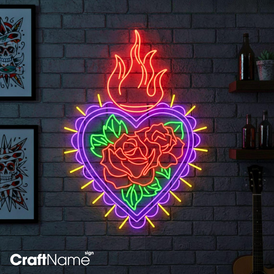 Heart Rose Fire Neon Sign, Flaming Heart Led Sign, Custom Neon Sign for ...
