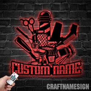 Benutzerdefinierte Barber Shop Metall Wandkunst mit LED-Licht, personalisierte Barber Shop Namensschild Dekoration für Raum, Frisur Liste Metall Wohnkultur