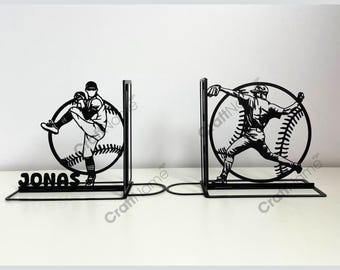 Sujetalibros de metal personalizado con forma de lanzador de béisbol, sujetalibros con el nombre de un jugador de béisbol personalizado, soporte para libros de metal negro, decoración para rincón de lectura en la oficina.
