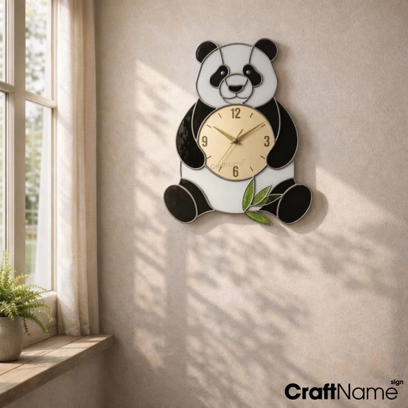 Hand Clock Panda Panda Stained Glass Wall Clock, Glass Art Gift for Bedroom or Living ...