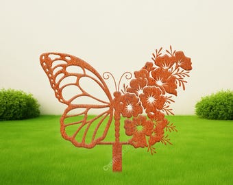 Garden Stake Decor with Butterfly Design, Rustic Metal Yard Art Decoration, Ideal Gift for Gardeners and Butterfly Lovers