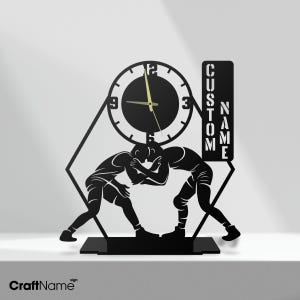 Custom Wrestling Metal Silent Clock For Desk, Personalized Tabletop Black Clock Office Decor, Corporate Gifts, Wrestling Fan Table Clock
