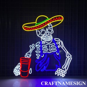 Mexican Skeleton Beer Neon Sign, Skeleton Mexican Led Sign, Custom Neon Sign, Mexican Restaurant Led, Mexico Bar Decor, Beer Club Light Art