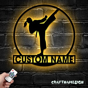 Custom Girl Taekwondo Martial Arts Metal Wall Art with LED Light - Personalized Kid Tae Kwon Do Name Sign Home Taekwon-Do Korean Decoration