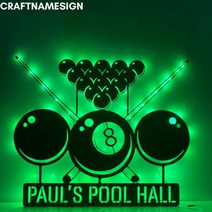 Custom Pool Hall Metal Wall Art with LED Light - Personalized Billiard Snooker Player Name Sign - Home Decor & Gifts - Billiards club decor