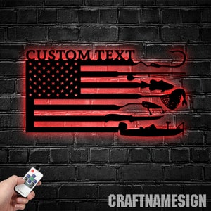 Custom US Flag Fishing Metal Wall Art LED Light - Personalized Fishing American Flag Name Sign Home Bait Hook Bass Fish Decor Jumping Bass