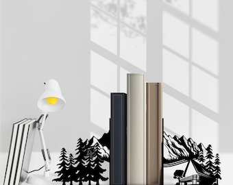 Custom Bookend Mountain Forest Metal Decor, Personalized Name Book End, Book Stand Black Metal Art, Book Nook Office Decor for Book Lover