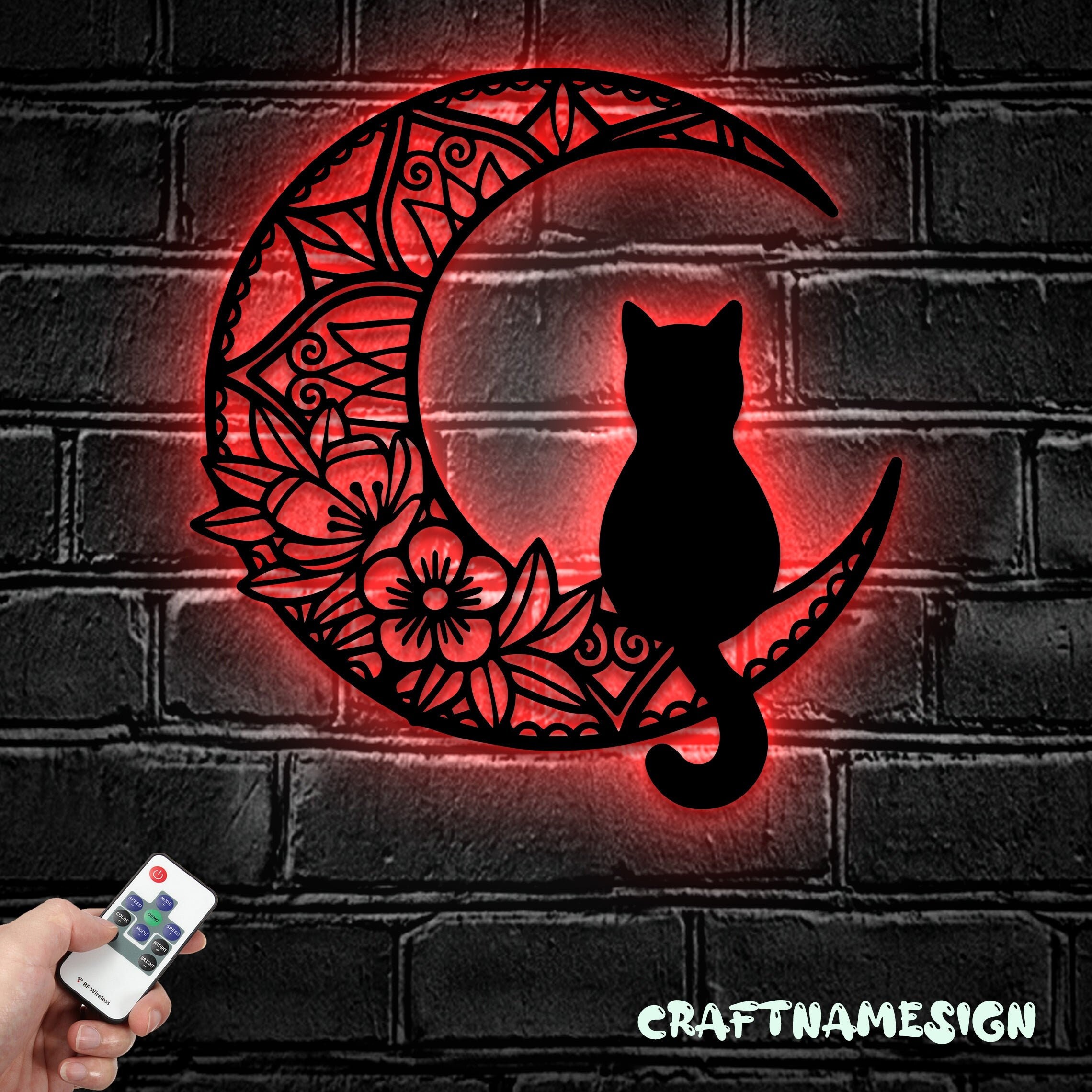 Black Cat On The Moon Metal Wall Art with LED Light - Moon Cat Sign Home Decor - - Ideal for Home Decor & Gift
