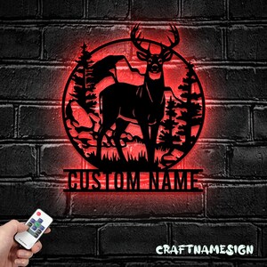 Luz LED personalizada para arte de pared de metal, diseño de ciervos del bosque de montaña, decoración del hogar con nombre de cazador personalizado, Ideal para decoración y regalo del hogar