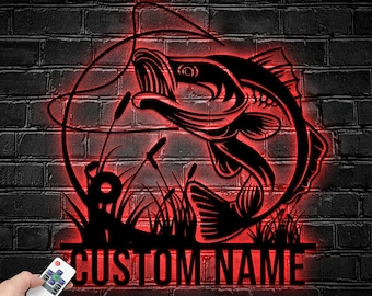 Personalized Bass Fish Metal Wall Art With LED Light, Custom Bass Fisher Name Sign Decoration For Room, Bass Fish Metal LED Decor, Bass Fish
