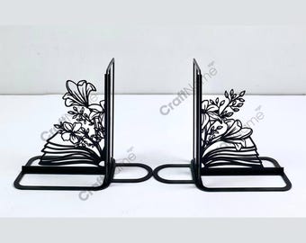 Flower Book Bookend Metal Art, Book Reading Metal Sign For Bookish Book Nook Decor, Book Stand Black Metal Art, Book Ends Office Decor