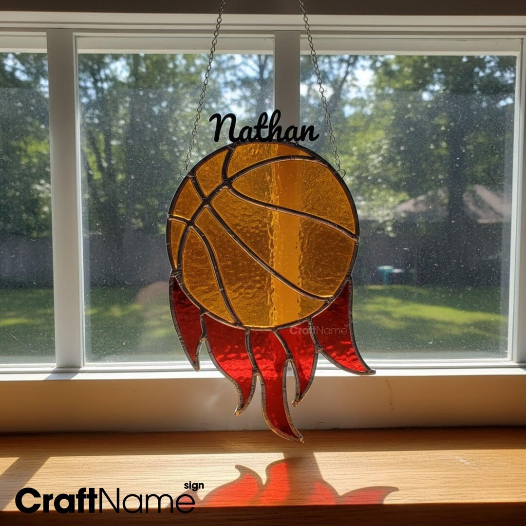 Custom Basketball Stained Glass Ornament Hanging, Fire Basketball Glass ...