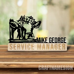 Custom Wooden Floral Cow Desk Name Plate, Farmhouse Metal Nameplate for desk, Desk Nameplate, Office Decor, Desk Name Plate, New Job Gift