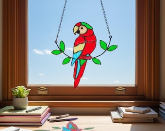 Colorful Parrot Stained Glass Suncatcher Window Hanging, Handmade Bird Ornament for Front Porch Decor, Tropical Home Gift, Gift For Mom