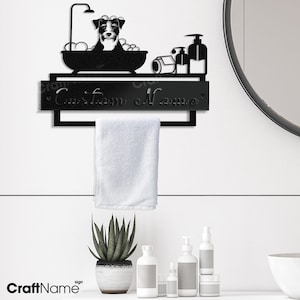 Portasciugamani in metallo per bagno con cane Border Terrier personalizzato, per decorazioni per il bagno, portasciugamani, portasciugamani, portasciugamani da parete