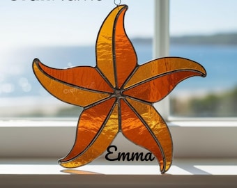 Personalized Colorful Starfish Stained Glass Ornament, Handmade Tropical Ocean Suncatcher Decor, Window Hanging Art, Gift for Summer Lover