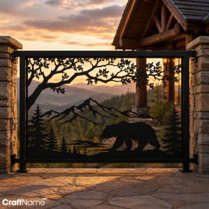 Wild Bear Mountain Forest Metal Railing Panel, Outdoor Nature Privacy Screen Insert for Porch Deck