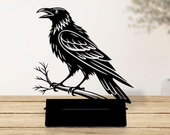Personalized Black Raven on Branch Metal Phone Desk Holder, Raven Phone Stand for Office Desk Decor, Unique Metal Black Cell Phone Stand