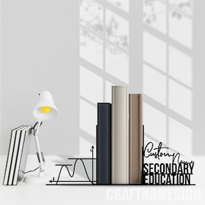 Personalized Secondary Education Bookend, Custom Teacher Name Book End, Book Stand Black Metal, Book Nook Office Decor for Book Lover