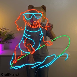 Hund Surfen Led Schilder, Wave Surfing Dog Leuchtreklame, Benutzerdefinierte Leuchtreklame, Dog Shop Led Wandkunst, Pet Spa Wanddekor, Weihnachtsgeschenk für Kind