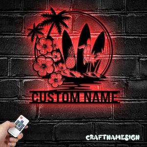 Custom Flower Surfboad Hawaiian Metal Wall Art LED Lights Personalized Floral Surfboad Name Sign Home Decor - Surfing Beach Life Decoration