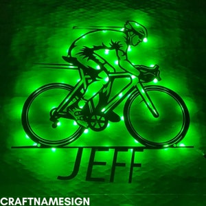 Custom Man Cycling Metal Sign, Sport Bicycle Led Sign, Personalized Cyclist Name Metal Sign, Man Cave Decor, Gift For Husband, Bicycle Light