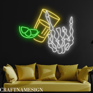 Tequila Skeleton Rock Hand Neon Sign, Tequila Cocktail Led Sign, Custom Neon Sign, Cocktail Bar Decor, Tequila Bar Pub Wall Led Light Art