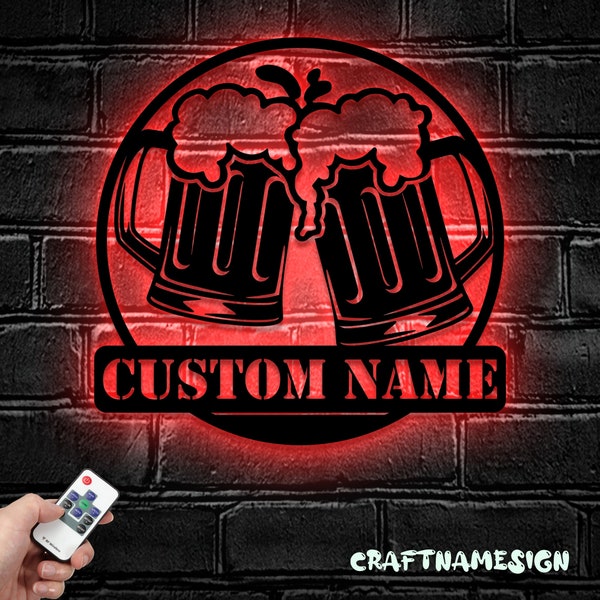 Custom Beer Bar Metal Wall Art LED Light - Personalized Beer Mug Cheers Name Sign Home Decor - Ideal for Home Decor & Gift
