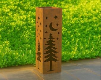 Rustic Rusty Pine Tree Metal Garden Column, Landscape Design Yard Decor, Outdoor Garden Sculpture Art, Custom Garden Furniture, Well Cover