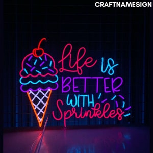 Life Is Better With Sprinkles Led Sign, Ice Cream Neon Sign, Custom Neon Sign, Ice Cream Store Wall Decor, Dessert Restaurant Light Art